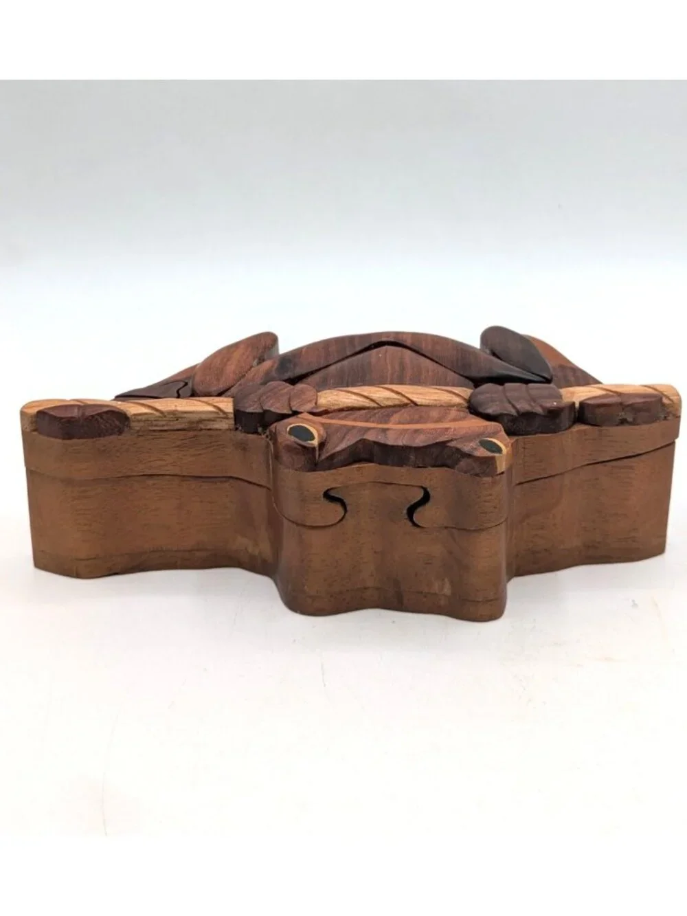 Vintage Wood Marquetry Tree Frog Puzzle Trinket Box Red Velvet Lining 7.5
